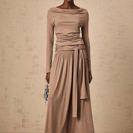 Tinsley Oatmeal Skirt Top Set Pleated Drape Cowl Neck Ruched Elasticated Luxurious Blend Rayon Spandex