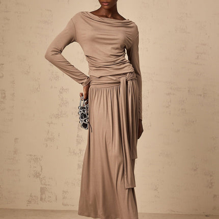Tinsley Oatmeal Skirt Top Set Pleated Drape Cowl Neck Ruched Elasticated Waistband Luxurious Blend Rayon Spandex