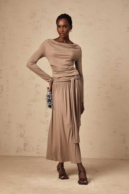 Tinsley Oatmeal Skirt Top Set Pleated Drape Cowl Neck Ruched Elasticated Waistband Luxurious Blend Rayon Spandex