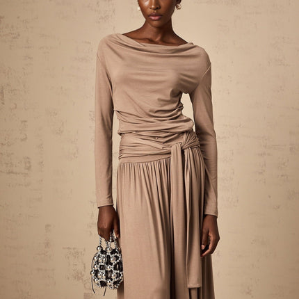Tinsley Oatmeal Skirt Top Set Pleated Drape Ruched Cowl Neck Elasticated Waistband Rayon Spandex Blend