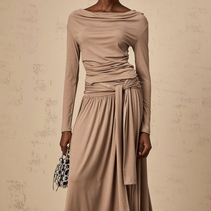 Tinsley Oatmeal Skirt Top Set Pleated Drape Cowl Neck Ruched Elasticated Waistband Luxurious Blend Rayon Spandex