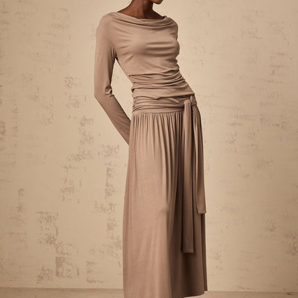 Tinsley Oatmeal Skirt Top Set Pleated Drape Ruched Cowl Neck Stretchy Maxi Length Elasticated Luxurious Blend Rayon Spandex Versatile Style Comfort