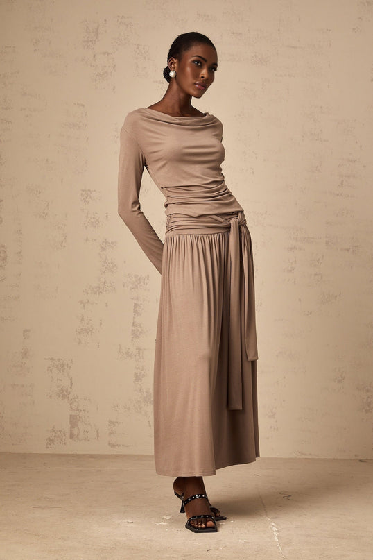 Tinsley Oatmeal Skirt Top Set Pleated Drape Ruched Cowl Neck Stretchy Maxi Length Elasticated Luxurious Blend Rayon Spandex Versatile Style Comfort