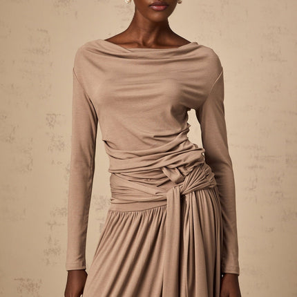 Tinsley Oatmeal Skirt Top Set elegant drape pleated design cowl neck ruched stretchy self-tie finish maxi-length elasticated waistband luxurious blend Rayon Spandex refined style comfort