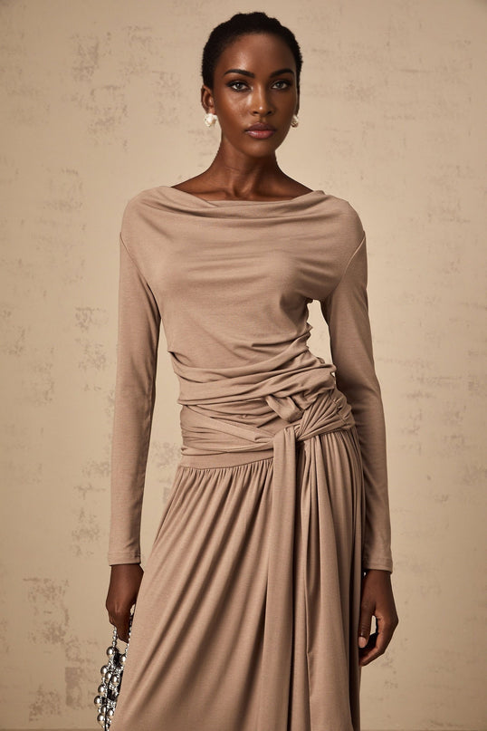 Tinsley Oatmeal Skirt Top Set elegant drape pleated design cowl neck ruched stretchy self-tie finish maxi-length elasticated waistband luxurious blend Rayon Spandex refined style comfort