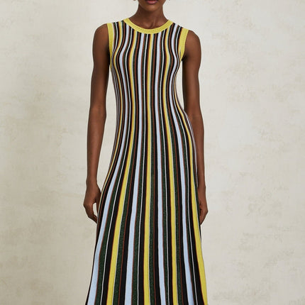 Tinsley Yellow Striped Midi Dress Pleated Metallic Detailing