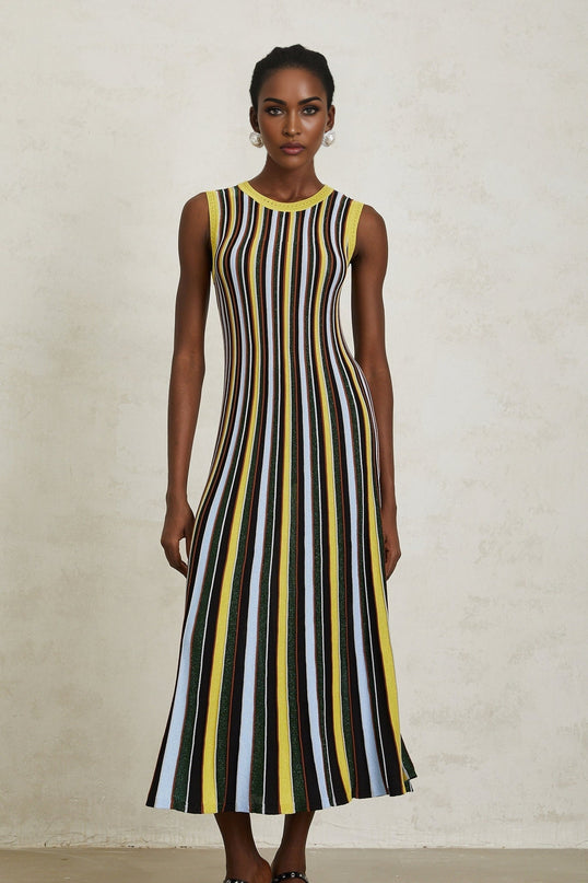 Tinsley Yellow Striped Midi Dress Pleated Metallic Detailing