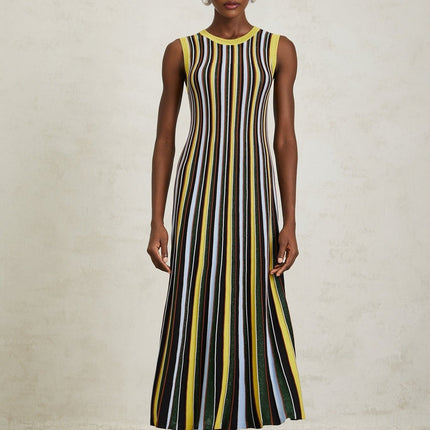 Tinsley Yellow Striped Midi Dress with Metallic Thread Detail