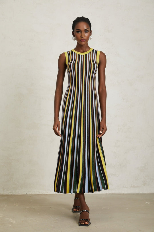 Tinsley Yellow Striped Midi Dress with Metallic Thread Detail