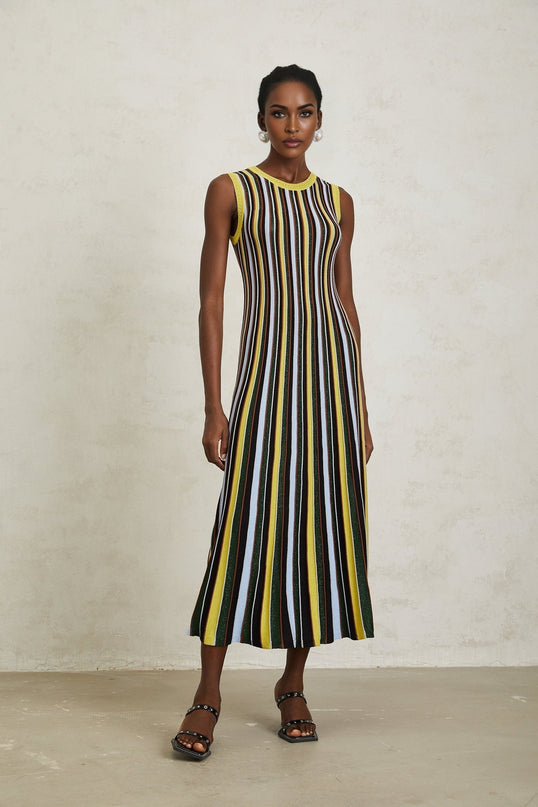 Tinsley Yellow Striped Pleated Midi Dress