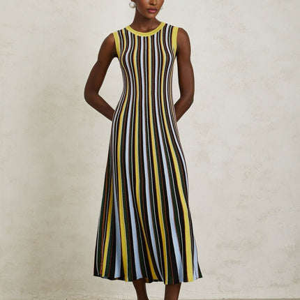 Tinsley Yellow Striped Pleated Midi Dress