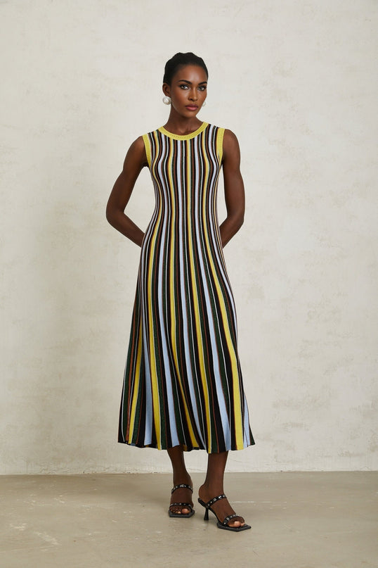 Tinsley Yellow Striped Pleated Midi Dress