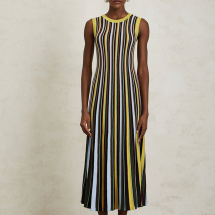 Tinsley Yellow Striped Pleated Midi Dress
