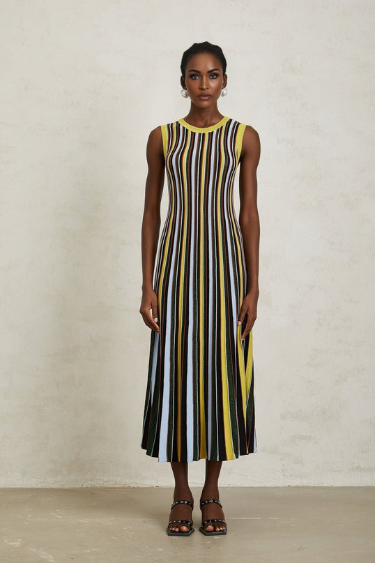 Tinsley Yellow Striped Pleated Midi Dress