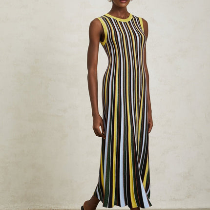 Tinsley Yellow Vertical Stripe Pleated Midi Dress
