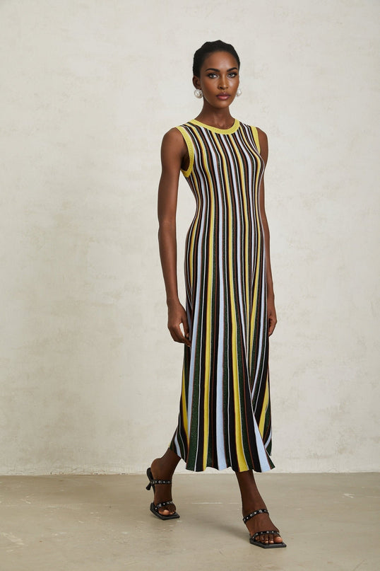 Tinsley Yellow Vertical Stripe Pleated Midi Dress