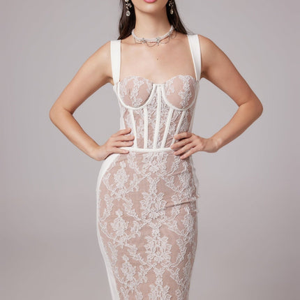 Titania White Floral Lace Bustier Midi Dress