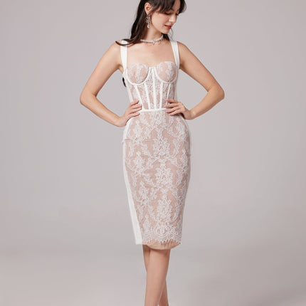 Titania White Floral Lace Bustier Midi Dress