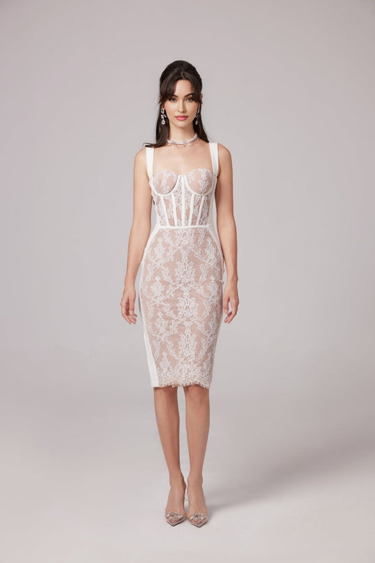 Titania White Floral Lace Bustier Midi Dress