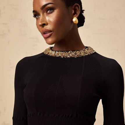 Tiziana Black Sequin Mini Dress with Ribbed Waist and Long Sleeves