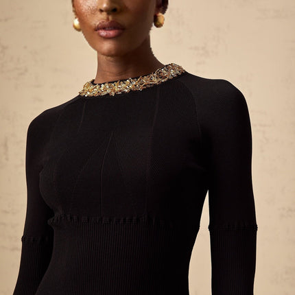 Tiziana Black Sequin Mini Dress Ribbed Waist Crew Neck Long Sleeves Rear Zip Fastening Thigh-Length Hem
