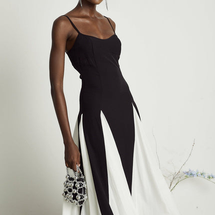 Tiziana Black and White Pleated Maxi Dress in Luxurious Terylene Fiber