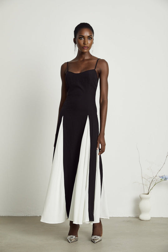 Tiziana Black and White Pleated Maxi Dress