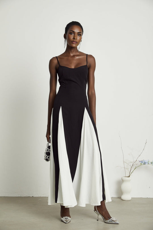Tiziana Black and White Pleated Maxi Dress