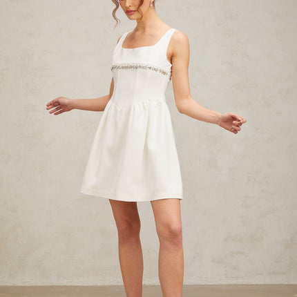 Tiziana Mini Dress Crystal Flare & Shine White Sleeveless Square Neck Ruched Detailing Flared Skirt Rear Zip Fastening Polyester Viscose