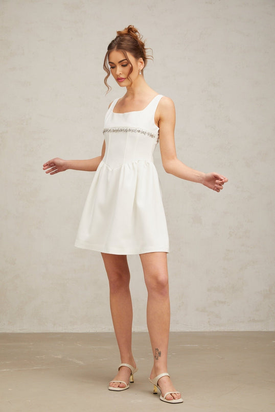 Tiziana Mini Dress Crystal Flare & Shine White Sleeveless Square Neck Ruched Detailing Flared Skirt Rear Zip Fastening Polyester Viscose
