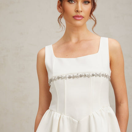 Tiziana Mini Dress Crystal Flare & Shine White Sleeveless Square Neck Ruched Flared Skirt Rear Zip Fastening