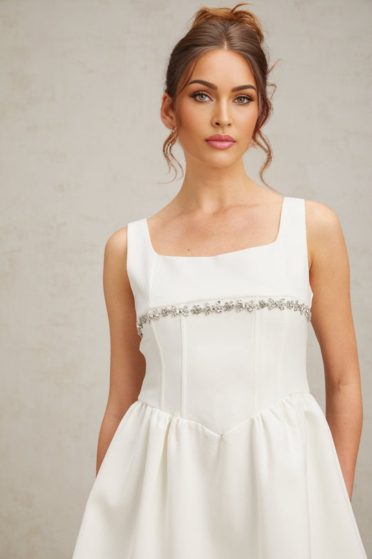 Tiziana Mini Dress Crystal Flare & Shine White Sleeveless Square Neck Ruched Flared Skirt Rear Zip Fastening