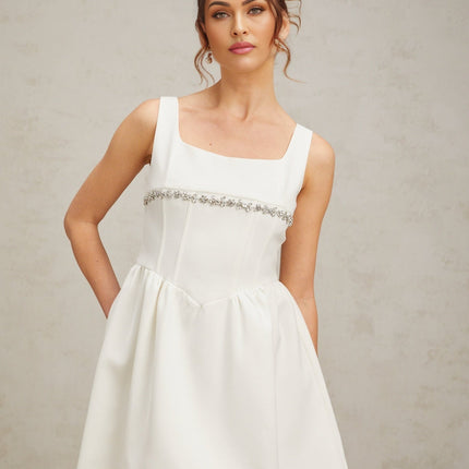 Tiziana White Crystal Embellished Mini Dress Square Neck Sleeveless Ruched Flare Skirt Rear Zip Fastening Polyester Viscose Blend
