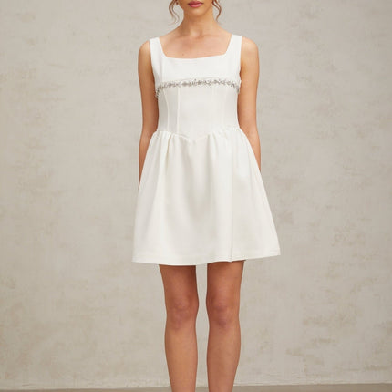 Tiziana White Crystal Embellished Mini Dress Square Neck Sleeveless Ruched Detailing Flared Skirt Rear Zip Fastening Polyester Viscose Blend