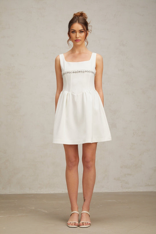 Tiziana White Crystal Embellished Mini Dress Square Neck Sleeveless Ruched Detailing Flared Skirt Rear Zip Fastening Polyester Viscose Blend