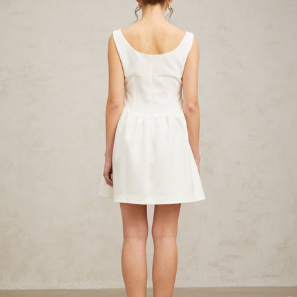 Tiziana White Crystal Embellished Mini Dress Square Neck Sleeveless Ruched Flare Skirt Rear Zip Fastening 66% Polyester 34% Viscose