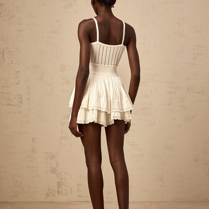 Tiziana White Knit Top and Culottes Set with Crochet Detailing and Shirred Effect