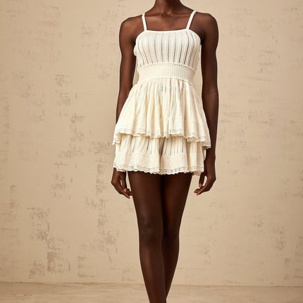 Tiziana White Knit Top and Culottes Set with Crochet Knit Detailing and Shirred Effect