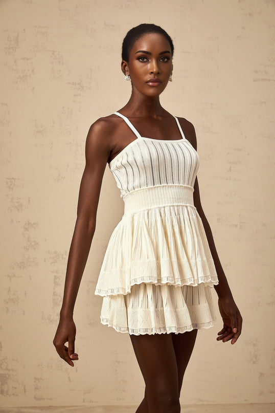 Tiziana White Knit Top and Culottes Set with Crochet Detailing and Shirred Effect