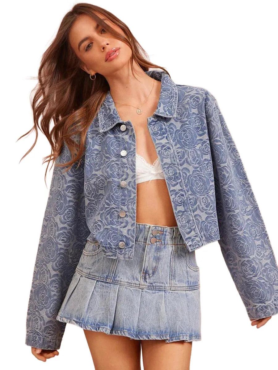 Tonal Western Spring Floral Pattern Collared Button Front Long Sleeve Cropped Cowgirl Denim Jacket