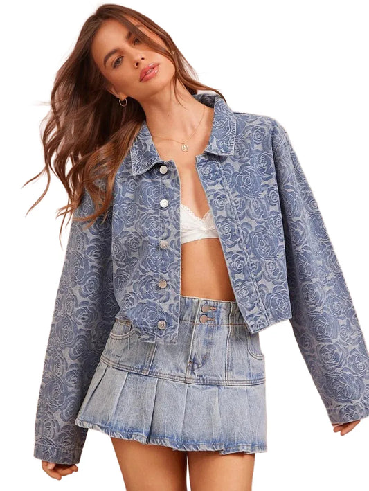 Tonal Western Spring Floral Pattern Collared Button Front Long Sleeve Cropped Cowgirl Denim Jacket