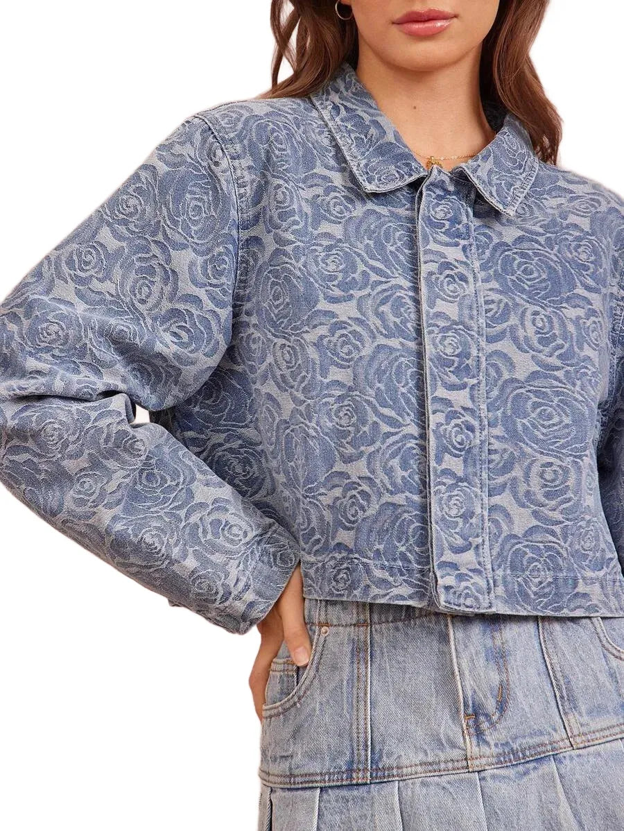 Tonal Western Spring Floral Pattern Collared Button Front Long Sleeve Cropped Cowgirl Denim Jacket