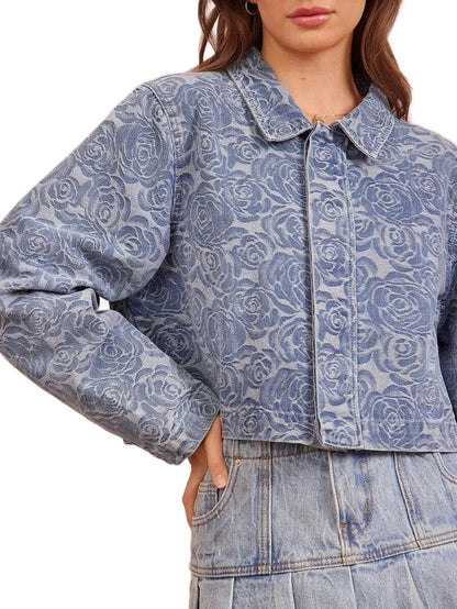 Tonal Western Spring Floral Pattern Collared Button Front Long Sleeve Cropped Cowgirl Denim Jacket