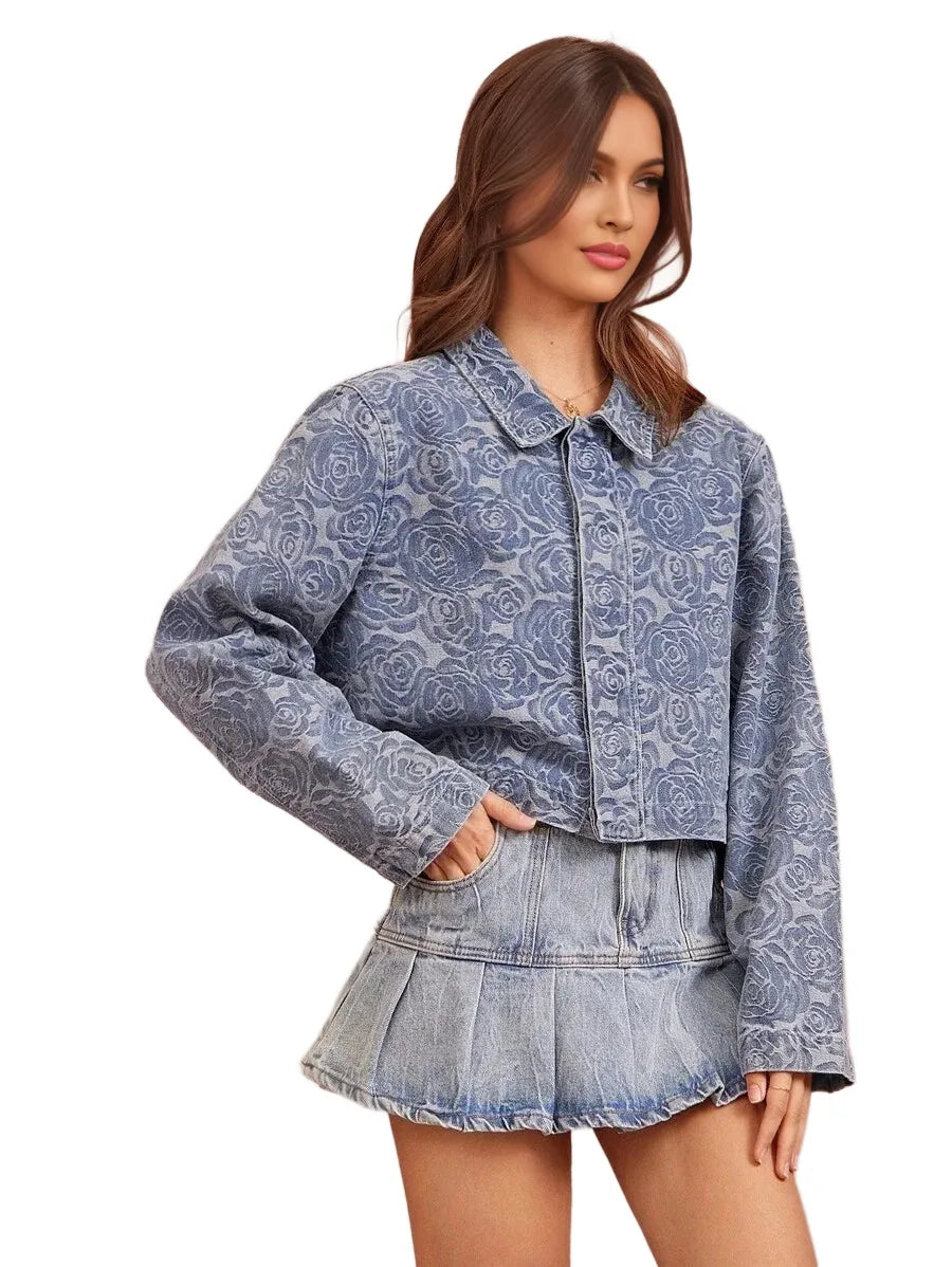 Tonal Western Spring Floral Pattern Collared Button Front Long Sleeve Cropped Cowgirl Denim Jacket