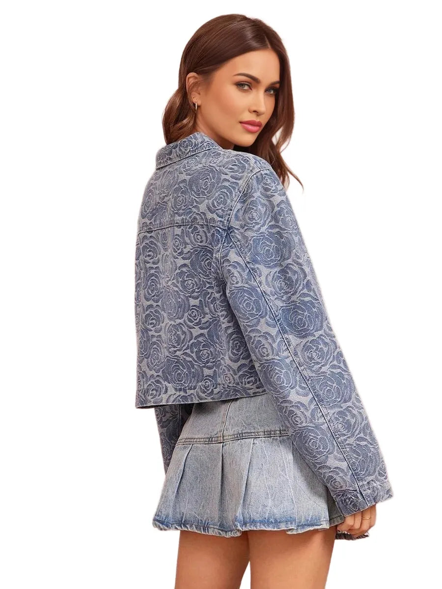 Tonal Western Spring Floral Pattern Collared Button Front Long Sleeve Cropped Cowgirl Denim Jacket