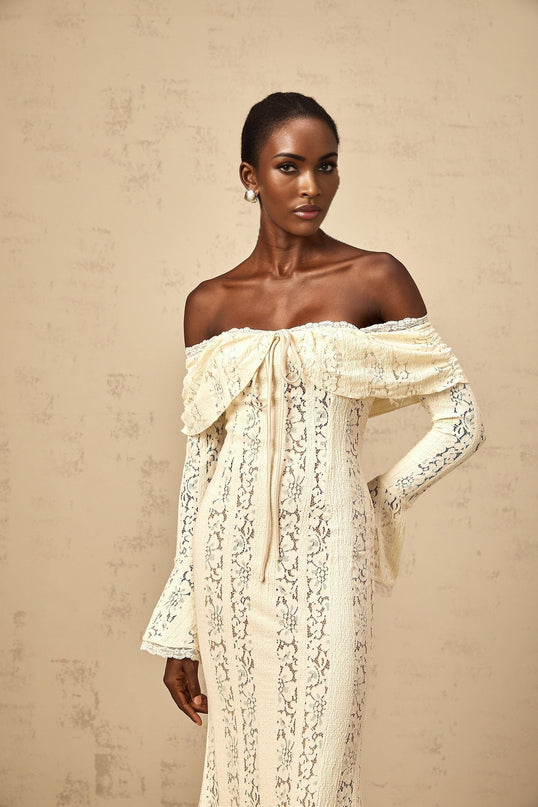 Tonia Maxi Dress in Neutrals Floral Lace Train Design Long Sleeves Flared Cuffs Off-the-Shoulder Cut-Out Detailing Rear Zip Fastening Maxi Length Luxury Sophistication