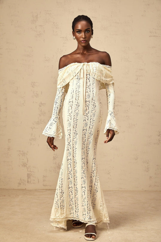 Tonia Maxi Dress in Neutrals Lace Train Long Sleeve Off Shoulder Cut Out Detailing