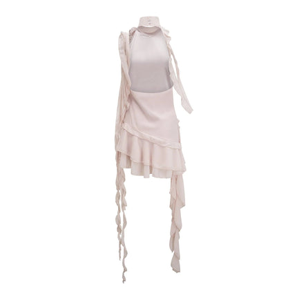 Tonia Mini Dress in Neutrals high neck delicate floral trim sleeveless ribbon detailing luxurious blend of 70% polyester and 30% cotton elegant special occasion timeless beauty
