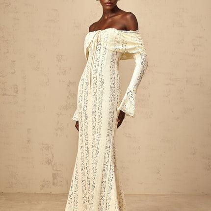 Tonia Neutrals Floral Lace Maxi Dress with Train Design and Off-the-Shoulder Silhouette