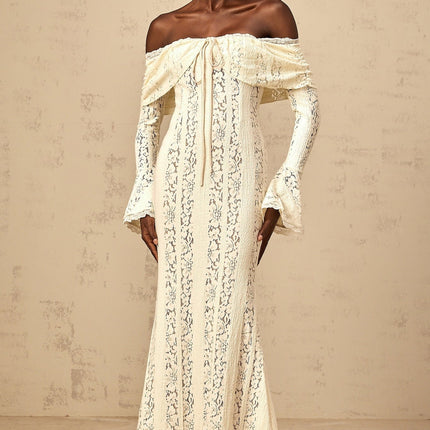 Tonia Neutrals Lace Maxi Dress with Train Design and Flared Cuffs